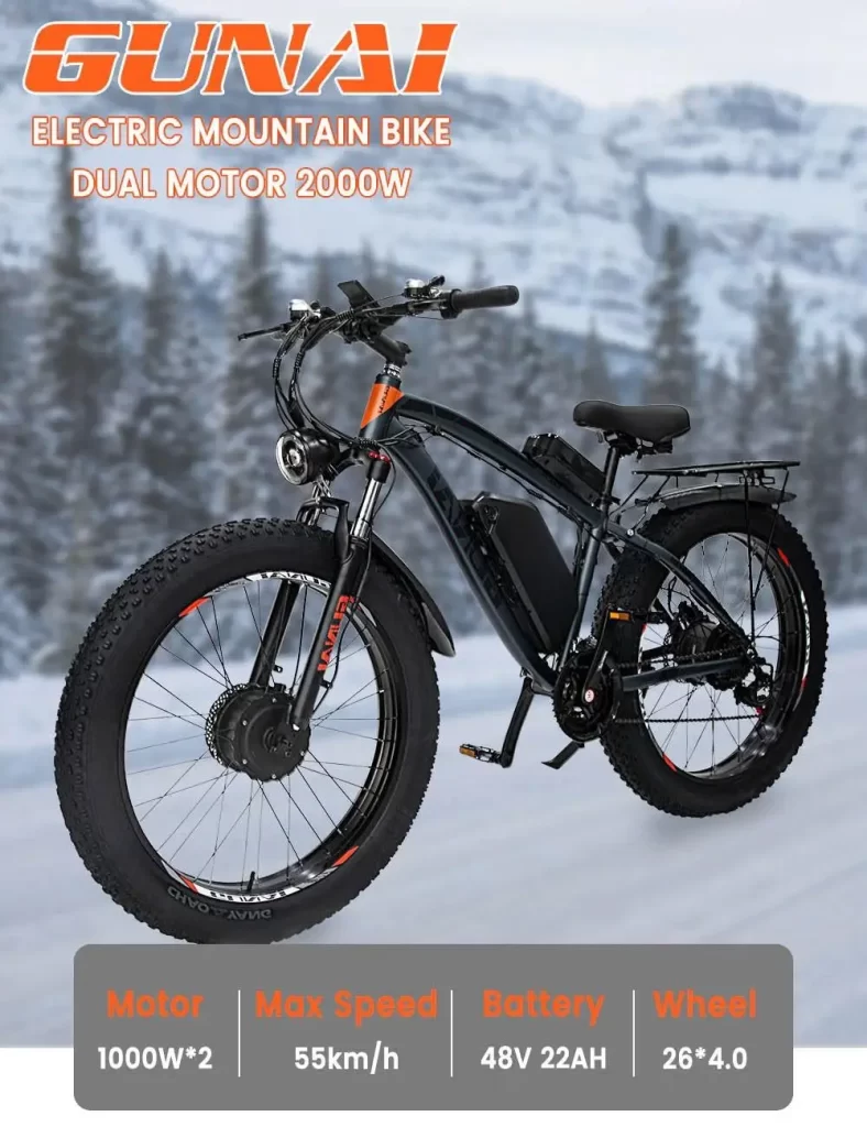 GUNAI Electric Moutain Bike 26inch Fat Tire Ebike